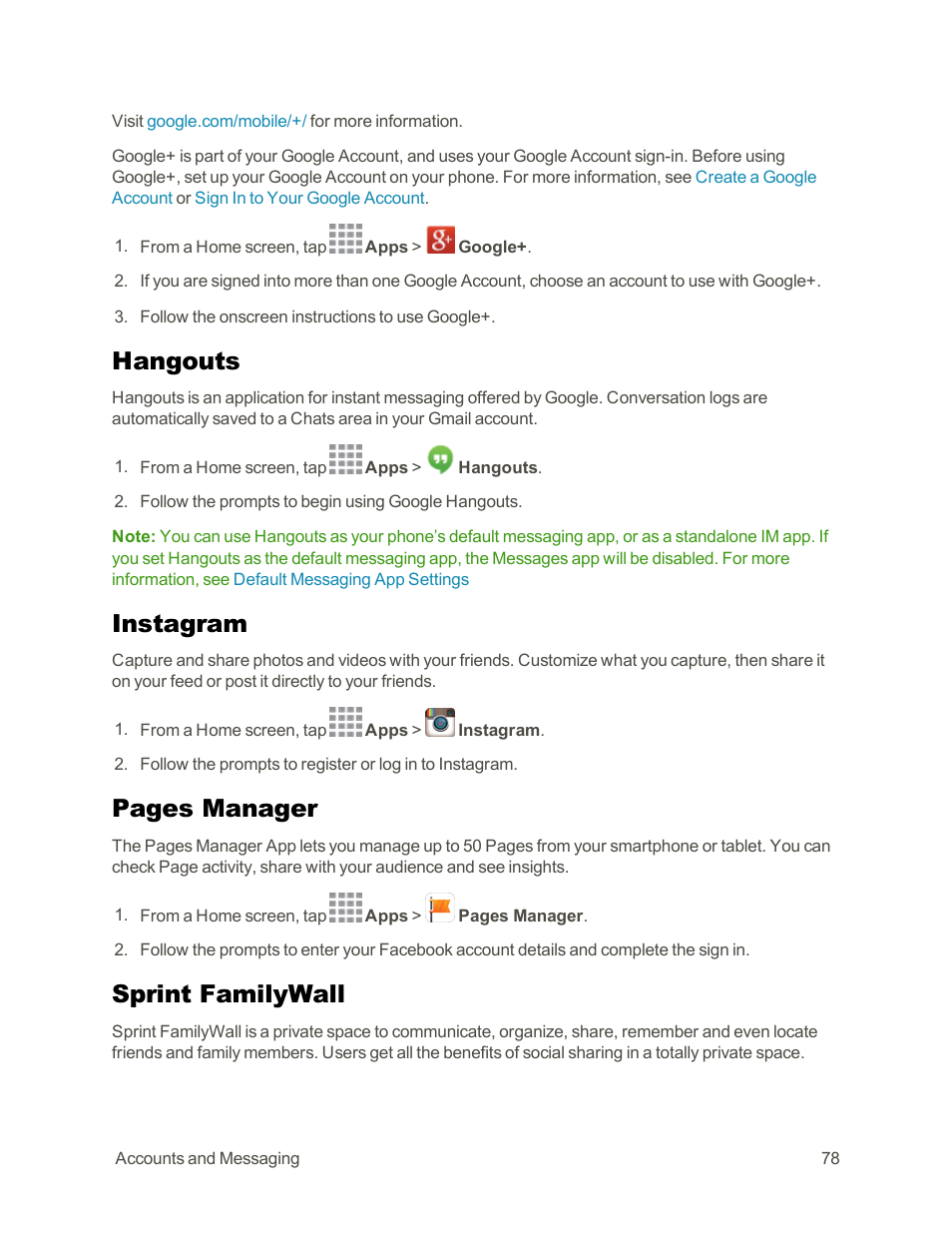 Hangouts, Instagram, Sprint familywall | Pages manager | Samsung Galaxy Note Edge User Manual | Page 90 / 236