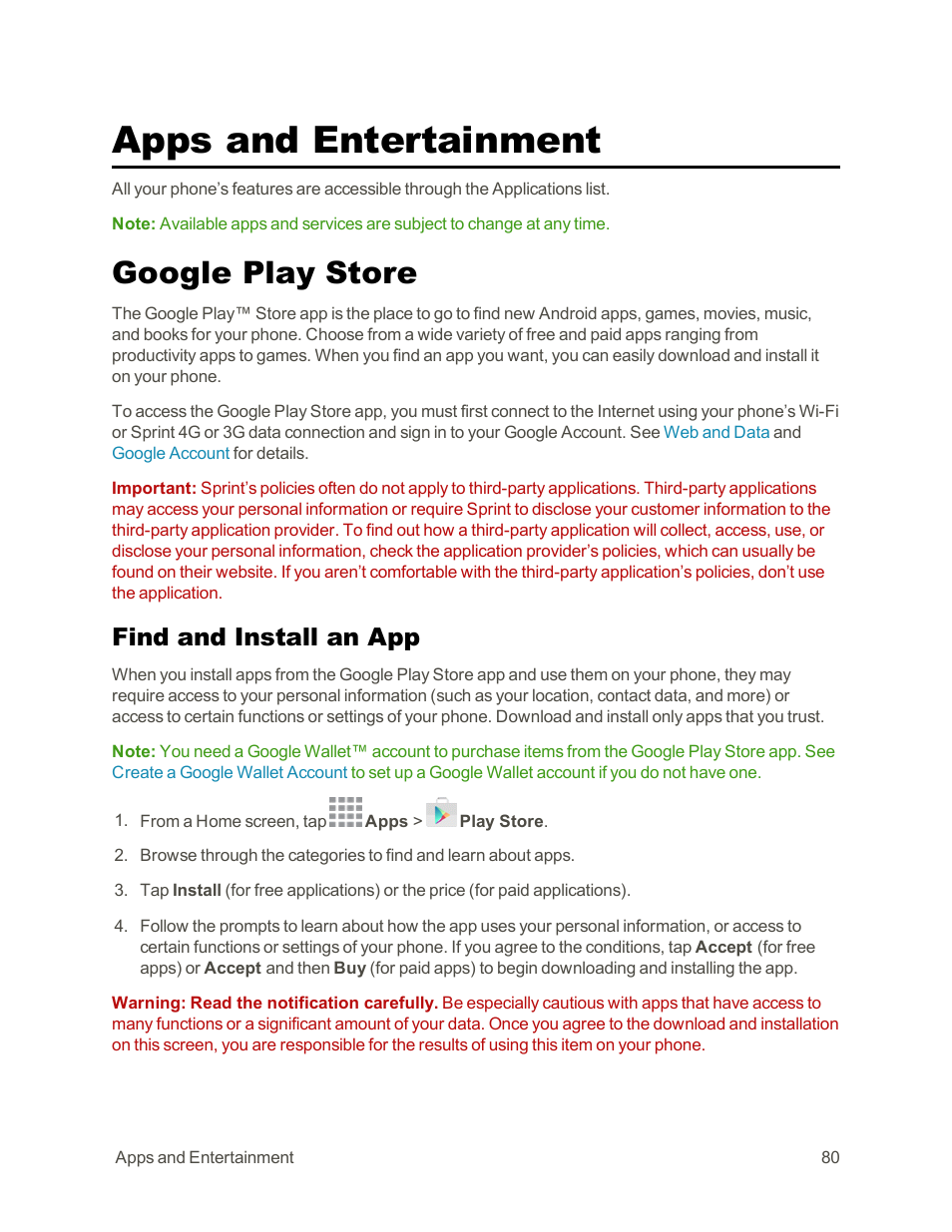 Apps and entertainment, Google play store, Find and install an app | Samsung Galaxy Note Edge User Manual | Page 92 / 236