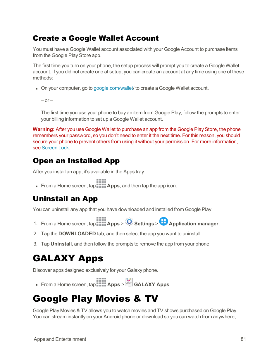 Create a google wallet account, Open an installed app, Uninstall an app | Galaxy apps, Google play movies & tv | Samsung Galaxy Note Edge User Manual | Page 93 / 236