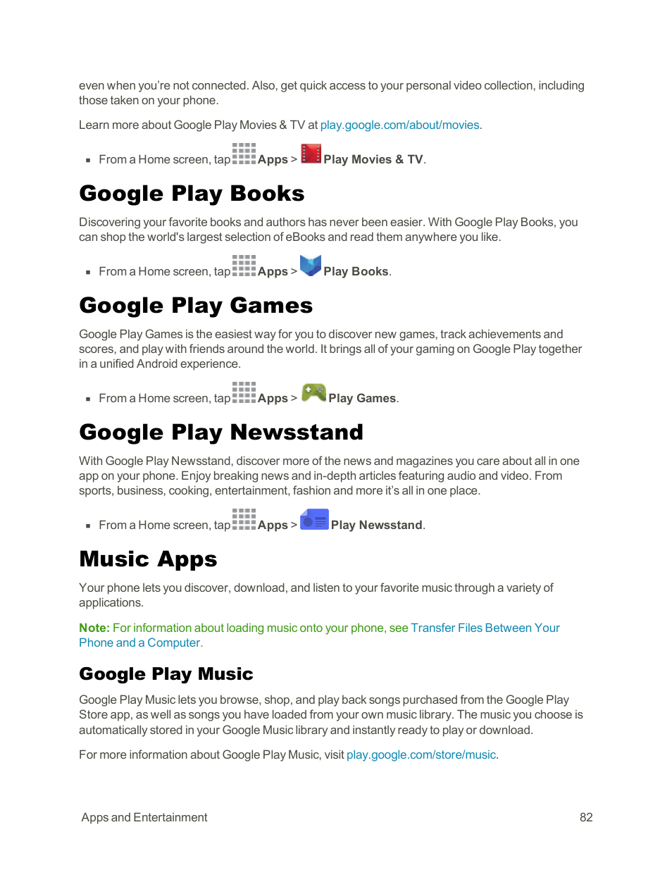 Google play books, Google play games, Google play newsstand | Music apps, Google play music | Samsung Galaxy Note Edge User Manual | Page 94 / 236