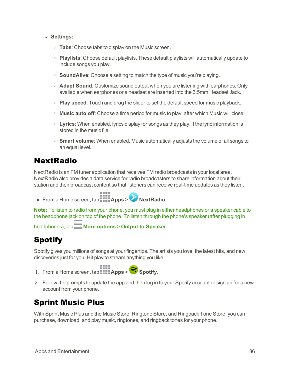 Nextradio, Spotify, Sprint music plus | Samsung Galaxy Note Edge User Manual | Page 98 / 236