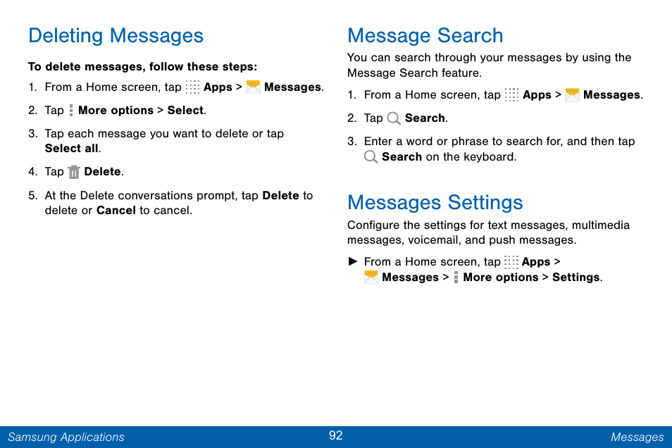 Deleting messages, Message search, Messages settings | Samsung Galaxy Note Edge User Manual | Page 101 / 201