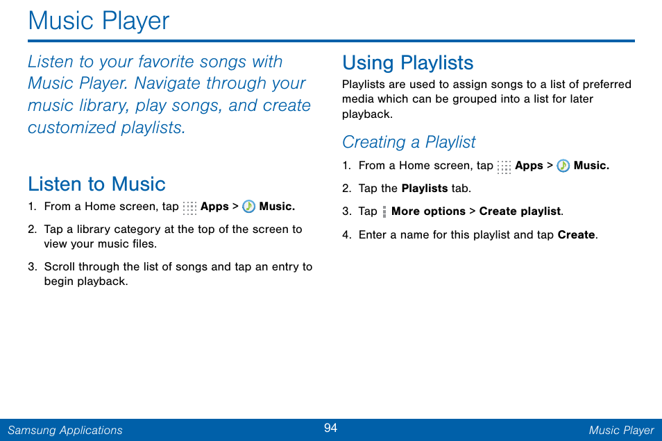 Music player, Listen to music, Using playlists | Creating a playlist | Samsung Galaxy Note Edge User Manual | Page 103 / 201