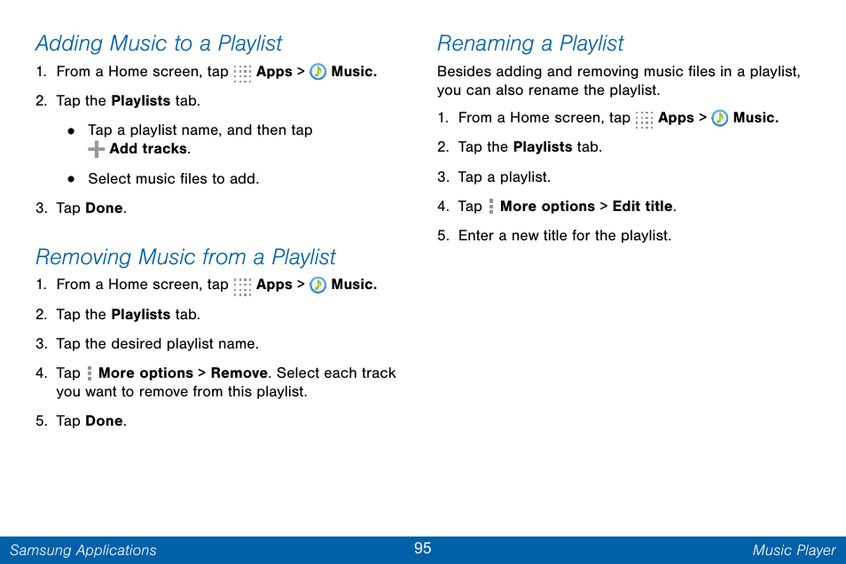Adding music to a playlist, Removing music from a playlist, Renaming a playlist | Samsung Galaxy Note Edge User Manual | Page 104 / 201