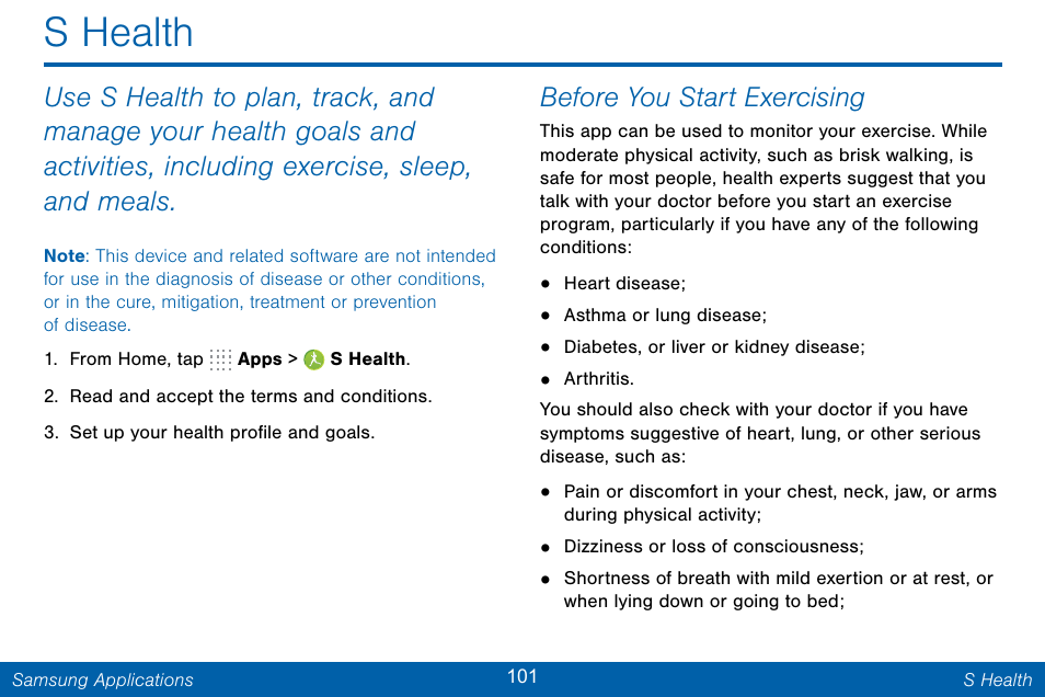 S health, Before you start exercising | Samsung Galaxy Note Edge User Manual | Page 110 / 201