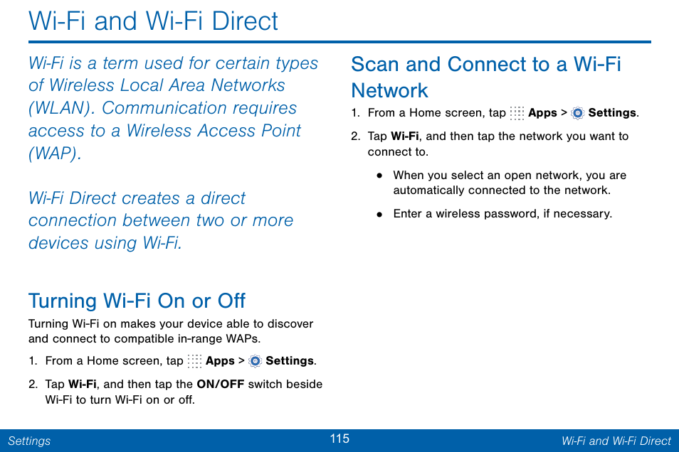 Wi‑fi and wi‑fi direct, Wi-fi and wi-fi direct, Turning wi-fi on or off | Scan and connect to a wi-fi network | Samsung Galaxy Note Edge User Manual | Page 124 / 201