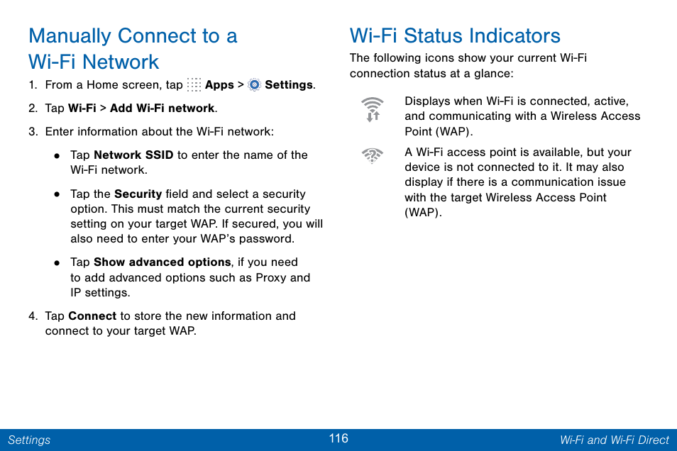 Manually connect to a wi-fi network, Wi-fi status indicators | Samsung Galaxy Note Edge User Manual | Page 125 / 201