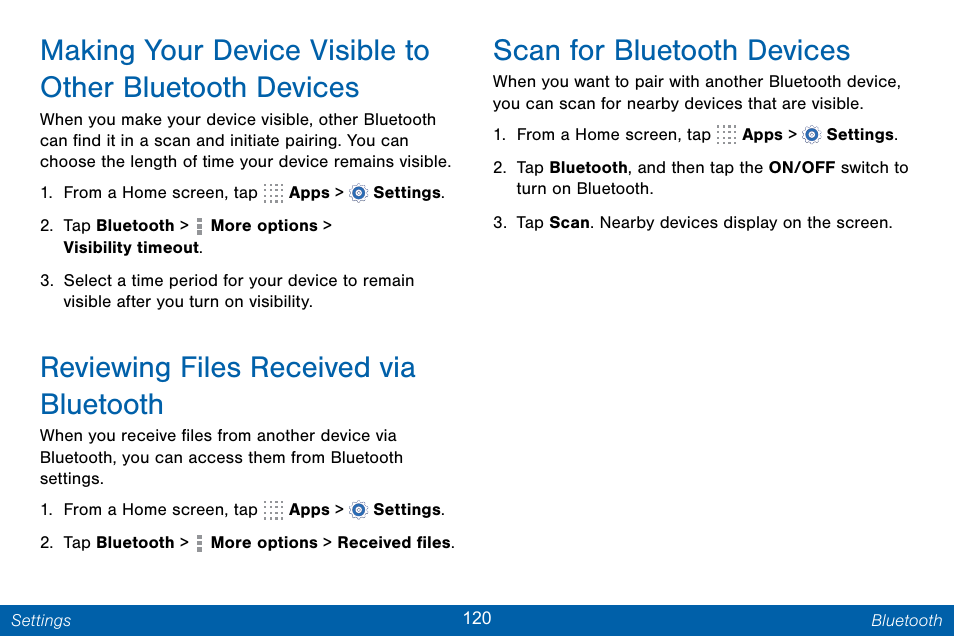 Reviewing files received via bluetooth, Scan for bluetooth devices | Samsung Galaxy Note Edge User Manual | Page 129 / 201