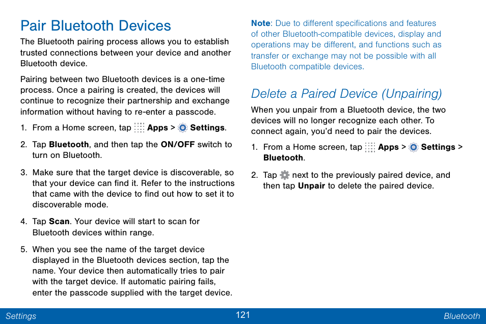 Pair bluetooth devices, Delete a paired device (unpairing) | Samsung Galaxy Note Edge User Manual | Page 130 / 201