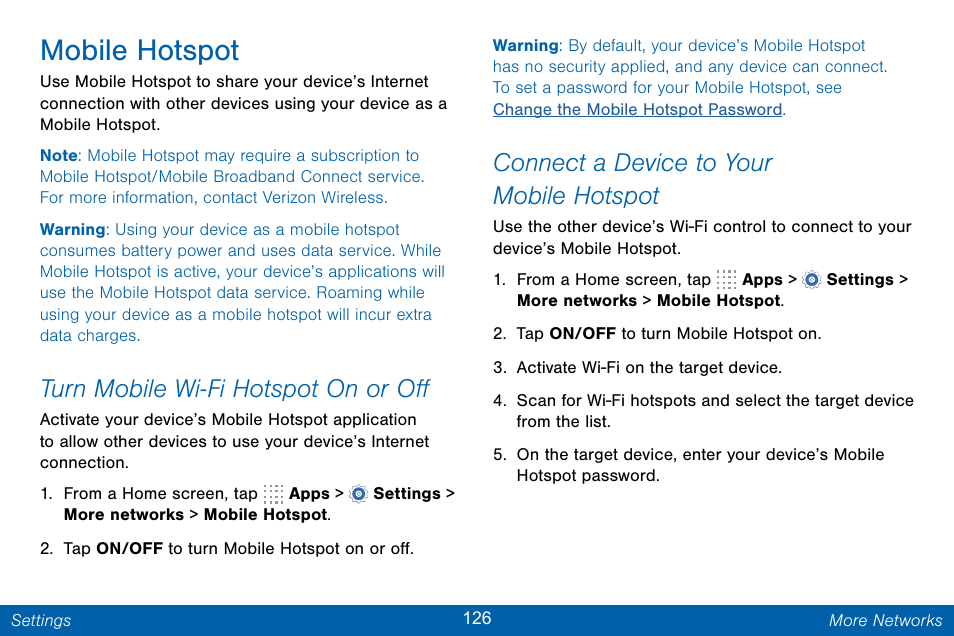 Mobile hotspot, Turn mobile wi-fi hotspot on or off, Connect a device to your mobile hotspot | Samsung Galaxy Note Edge User Manual | Page 135 / 201