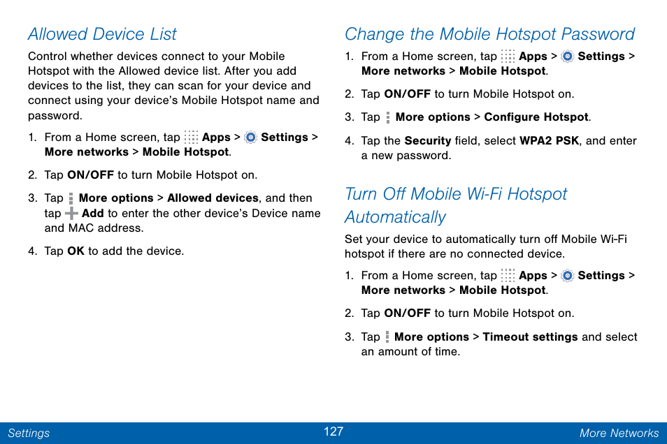 Allowed device list, Change the mobile hotspot password, Turn off mobile wi-fi hotspot automatically | Samsung Galaxy Note Edge User Manual | Page 136 / 201