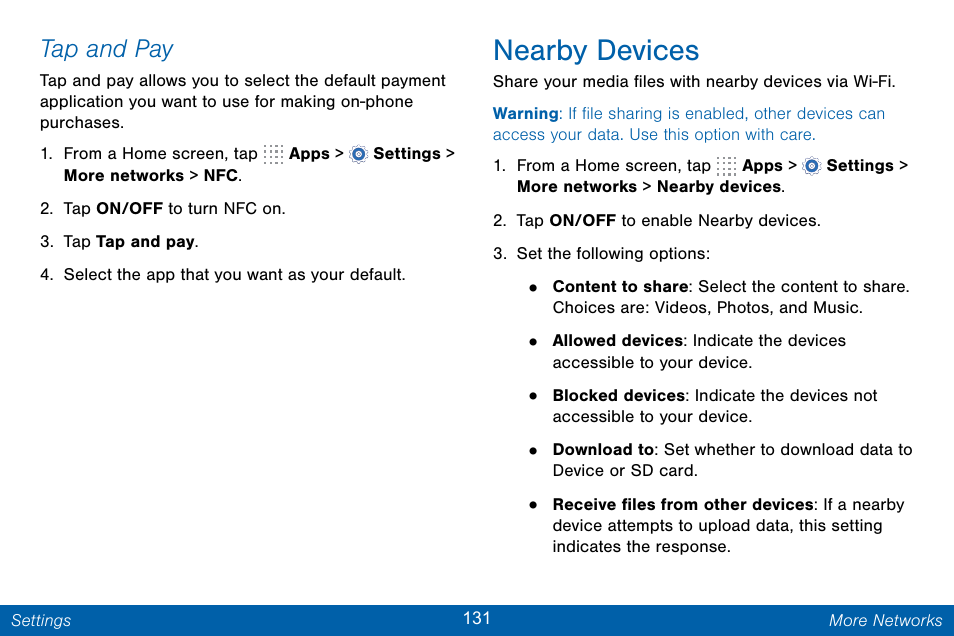 Nearby devices, Tap and pay | Samsung Galaxy Note Edge User Manual | Page 140 / 201