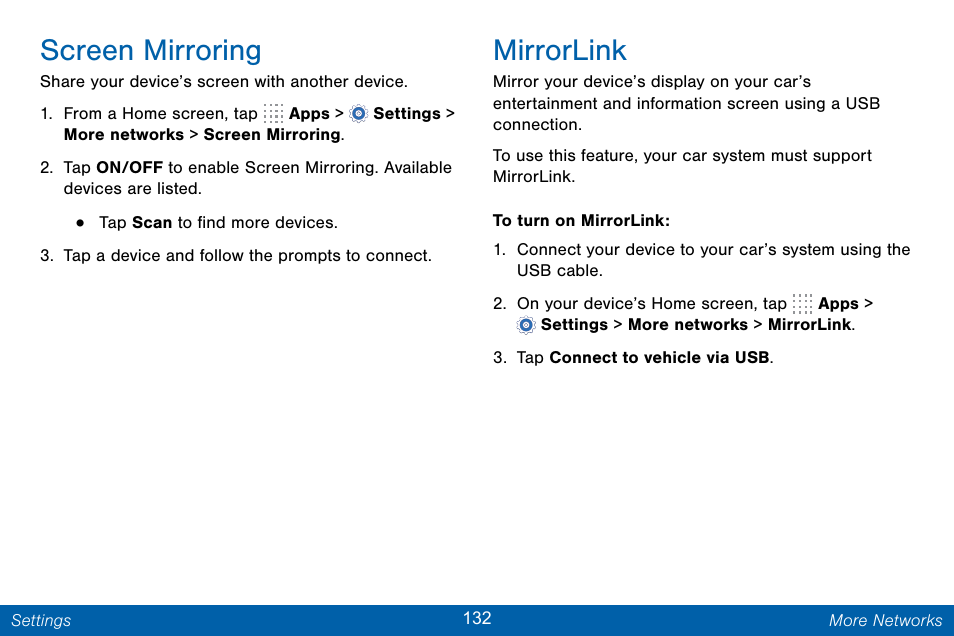 Screen mirroring, Mirrorlink | Samsung Galaxy Note Edge User Manual | Page 141 / 201
