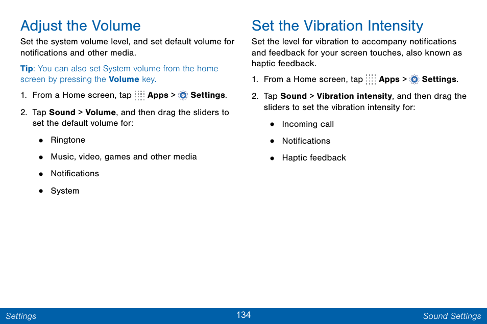 Adjust the volume, Set the vibration intensity | Samsung Galaxy Note Edge User Manual | Page 143 / 201