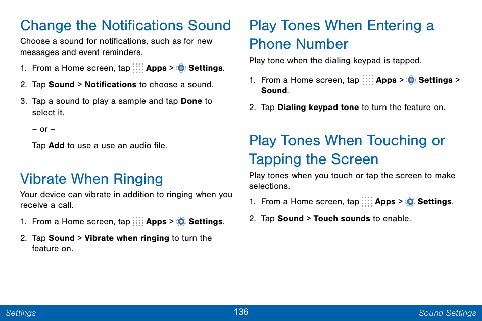 Change the notifications sound, Vibrate when ringing, Play tones when entering a phone number | Play tones when touching or tapping the screen | Samsung Galaxy Note Edge User Manual | Page 145 / 201