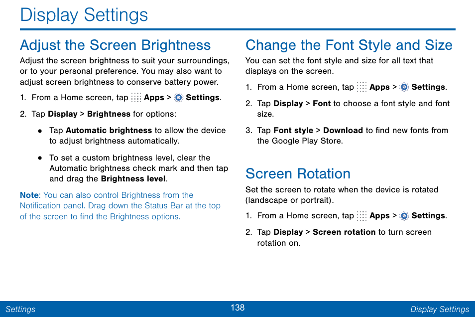 Display settings, Adjust the screen brightness, Change the font style and size | Screen rotation | Samsung Galaxy Note Edge User Manual | Page 147 / 201