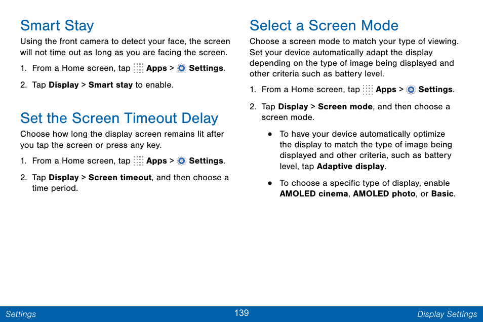 Smart stay, Set the screen timeout delay, Select a screen mode | Samsung Galaxy Note Edge User Manual | Page 148 / 201