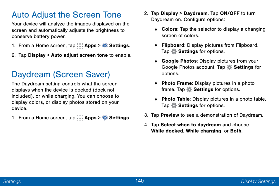 Auto adjust the screen tone, Daydream (screen saver) | Samsung Galaxy Note Edge User Manual | Page 149 / 201