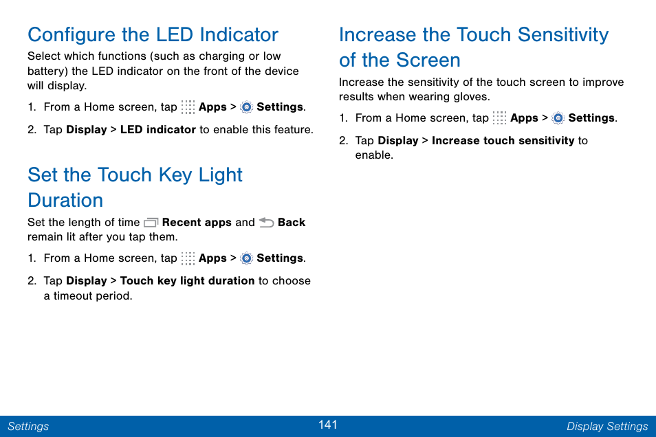 Configure the led indicator, Set the touch key light duration, Increase the touch sensitivity of the screen | Samsung Galaxy Note Edge User Manual | Page 150 / 201