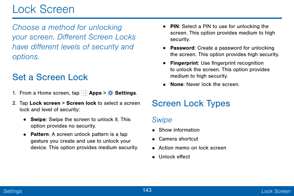 Lock screen, Set a screen lock, Screen lock types | Samsung Galaxy Note Edge User Manual | Page 152 / 201