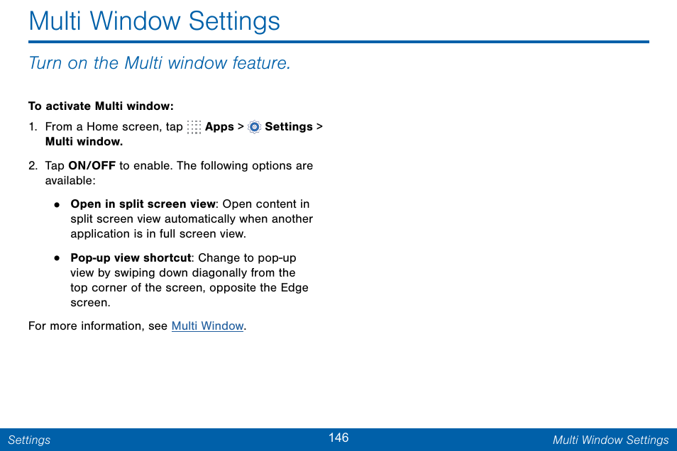 Multi window settings, Turn on the multi window feature | Samsung Galaxy Note Edge User Manual | Page 155 / 201