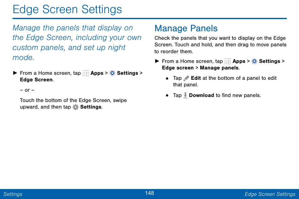 Edge screen settings, Manage panels | Samsung Galaxy Note Edge User Manual | Page 157 / 201