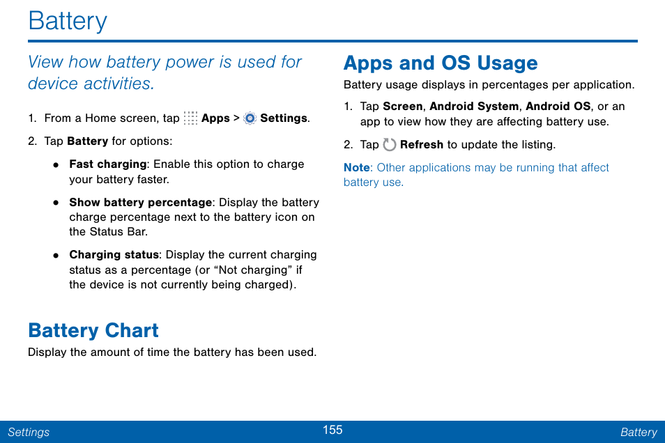 Battery, Battery chart, Apps and os usage | Samsung Galaxy Note Edge User Manual | Page 164 / 201