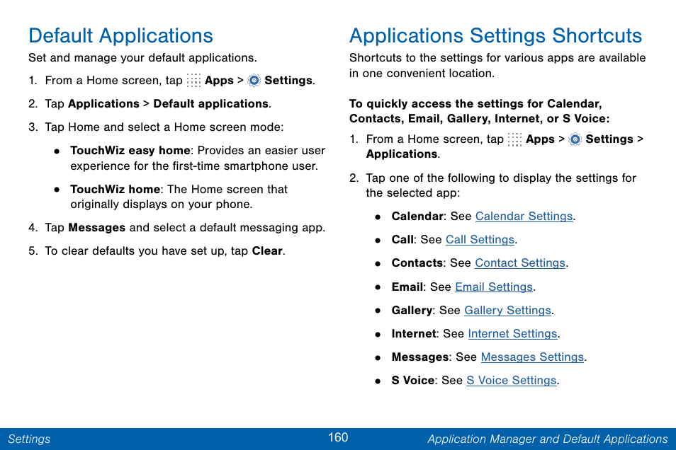 Default applications, Applications settings shortcuts | Samsung Galaxy Note Edge User Manual | Page 169 / 201