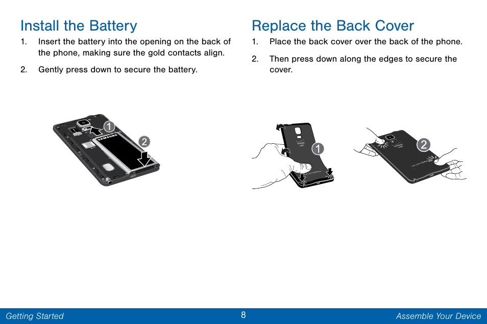 Install the battery, Replace the back cover | Samsung Galaxy Note Edge User Manual | Page 17 / 201