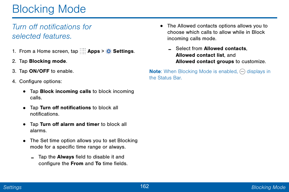 Blocking mode, Turn off notifications for selected features | Samsung Galaxy Note Edge User Manual | Page 171 / 201