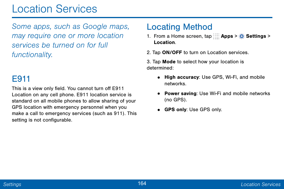 Location services, E911, Locating method | Samsung Galaxy Note Edge User Manual | Page 173 / 201