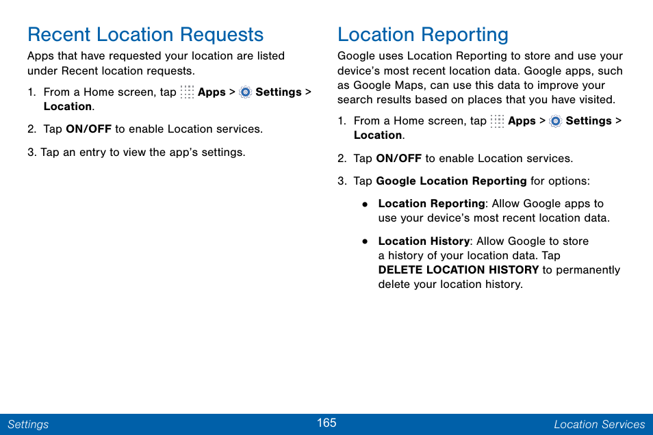 Recent location requests, Location reporting | Samsung Galaxy Note Edge User Manual | Page 174 / 201