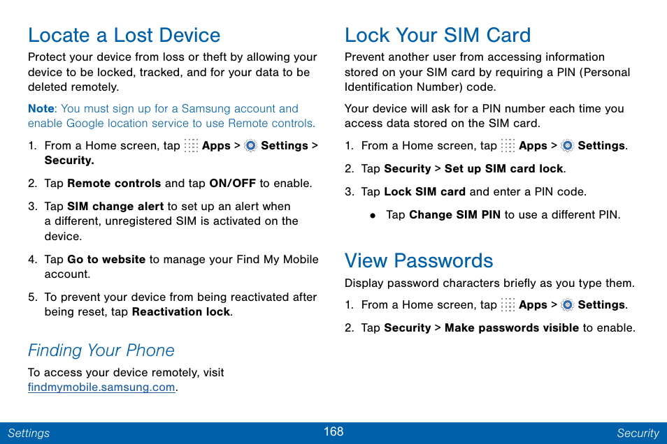 Locate a lost device, Lock your sim card, View passwords | Finding your phone | Samsung Galaxy Note Edge User Manual | Page 177 / 201