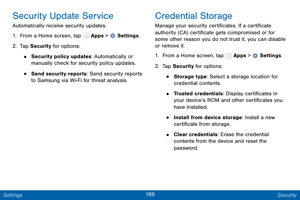 Security update service, Credential storage | Samsung Galaxy Note Edge User Manual | Page 178 / 201