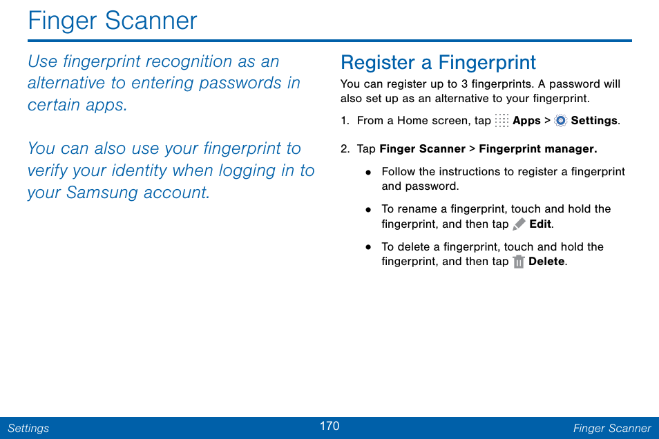 Finger scanner, Register a fingerprint | Samsung Galaxy Note Edge User Manual | Page 179 / 201