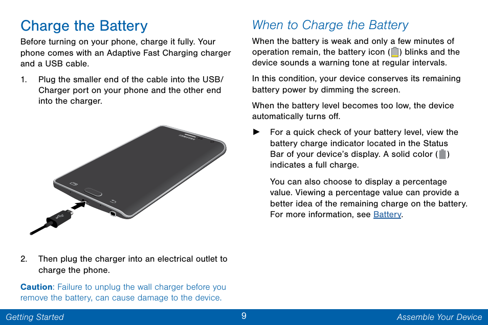 Charge the battery, When to charge the battery | Samsung Galaxy Note Edge User Manual | Page 18 / 201