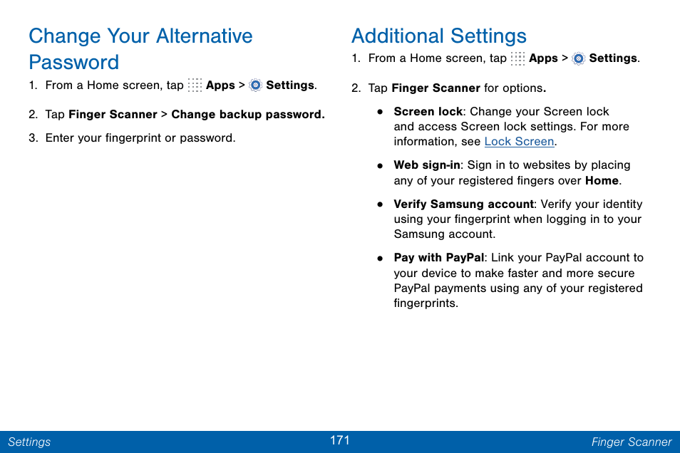 Change your alternative password, Additional settings | Samsung Galaxy Note Edge User Manual | Page 180 / 201