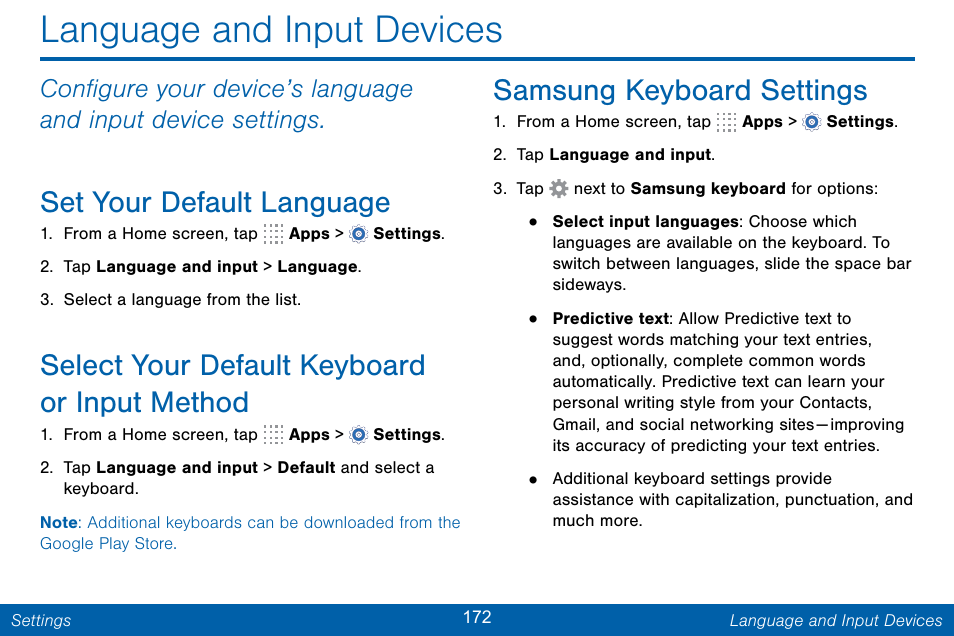 Language and input devices, Samsung keyboard settings, Set your default language | Select your default keyboard or input method | Samsung Galaxy Note Edge User Manual | Page 181 / 201