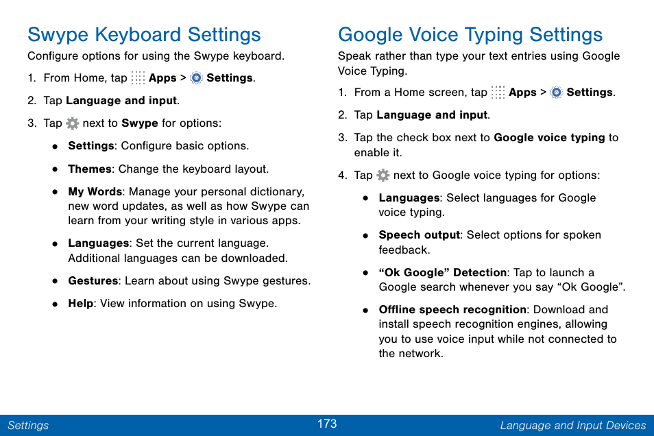 Google voice typing settings, Swype keyboard settings | Samsung Galaxy Note Edge User Manual | Page 182 / 201