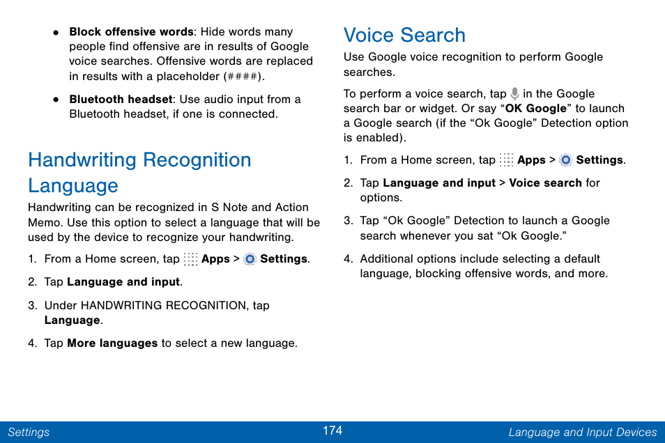 Handwriting recognition language, Voice search | Samsung Galaxy Note Edge User Manual | Page 183 / 201