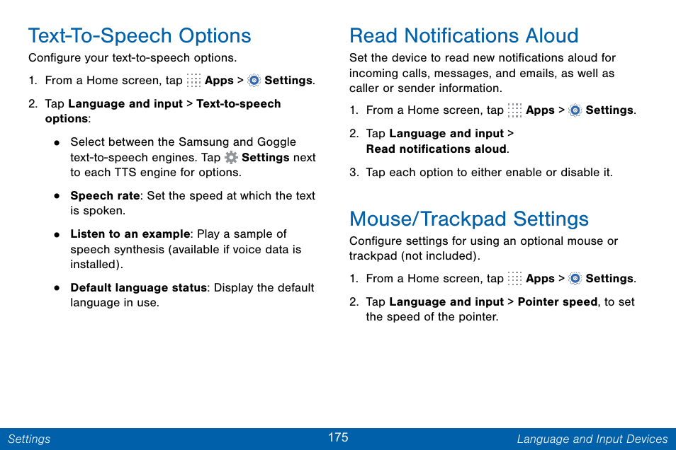 Text-to-speech options, Read notifications aloud, Mouse/trackpad settings | Samsung Galaxy Note Edge User Manual | Page 184 / 201