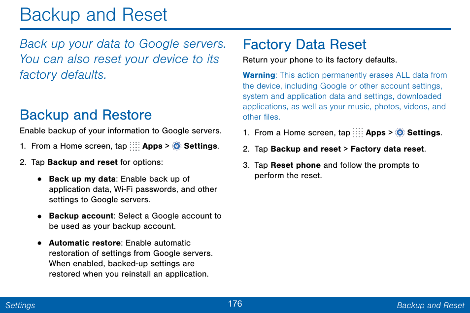 Backup and reset, Backup and restore, Factory data reset | Samsung Galaxy Note Edge User Manual | Page 185 / 201