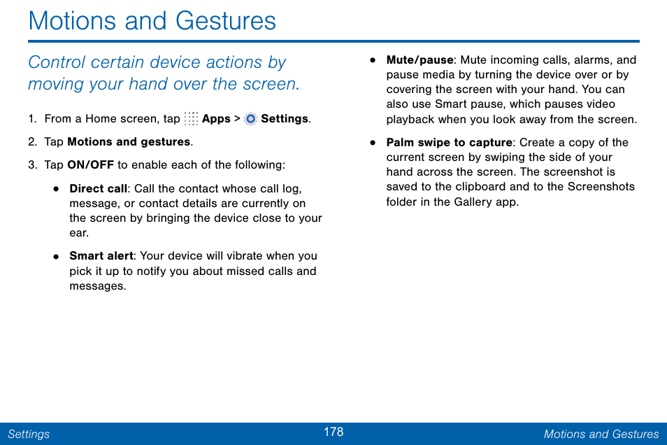 Motions and gestures | Samsung Galaxy Note Edge User Manual | Page 187 / 201
