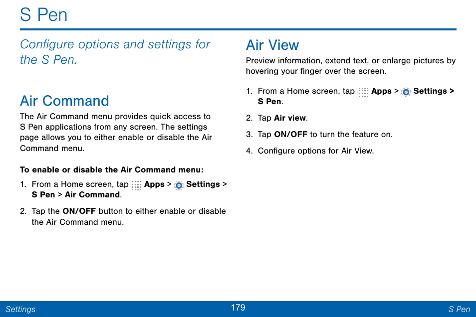 S pen, Air command, Air view | Configure options and settings for the s pen | Samsung Galaxy Note Edge User Manual | Page 188 / 201