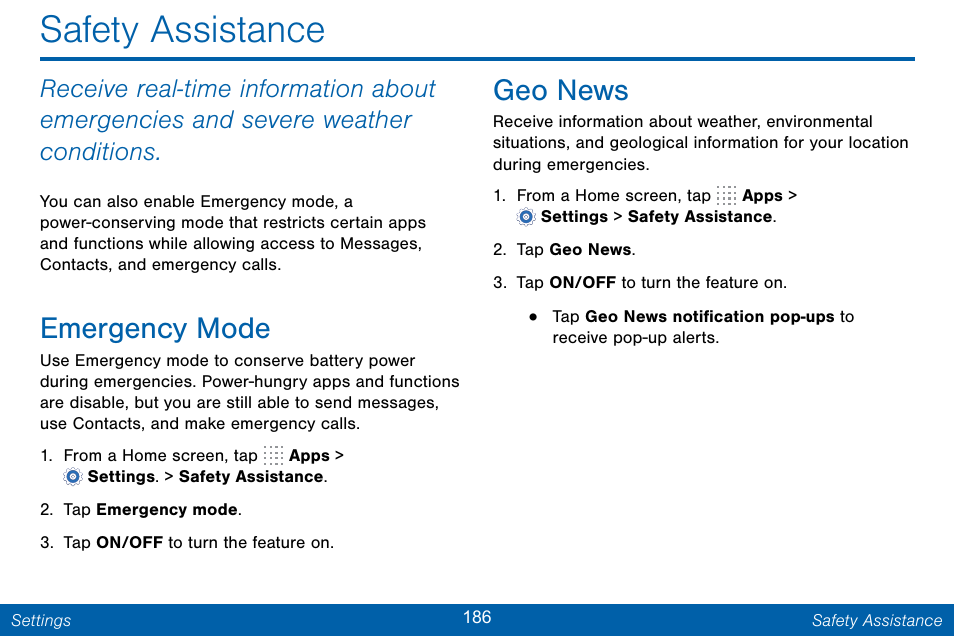 Safety assistance, Emergency mode, Geo news | Samsung Galaxy Note Edge User Manual | Page 195 / 201