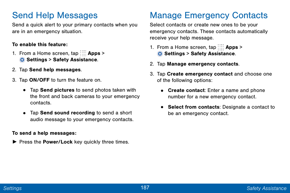 Send help messages, Manage emergency contacts | Samsung Galaxy Note Edge User Manual | Page 196 / 201