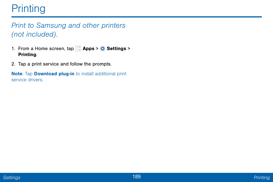 Printing, Print to samsung and other printers (not included) | Samsung Galaxy Note Edge User Manual | Page 198 / 201