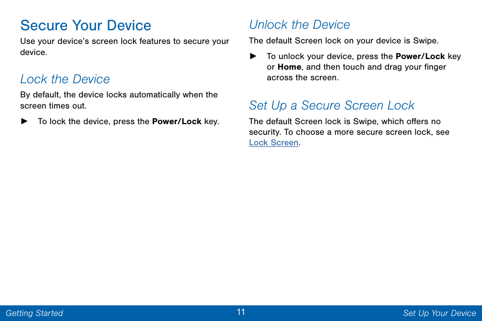 Secure your device, Lock the device, Unlock the device | Set up a secure screen lock | Samsung Galaxy Note Edge User Manual | Page 20 / 201