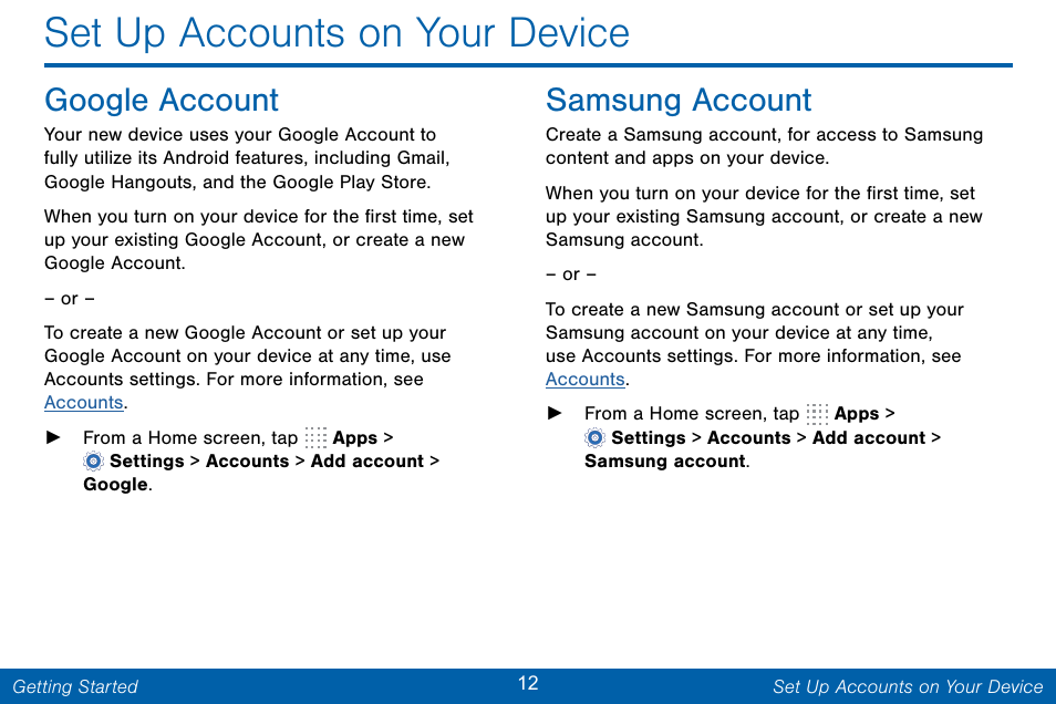 Set up accounts on your device, Google account, Samsung account | Samsung Galaxy Note Edge User Manual | Page 21 / 201