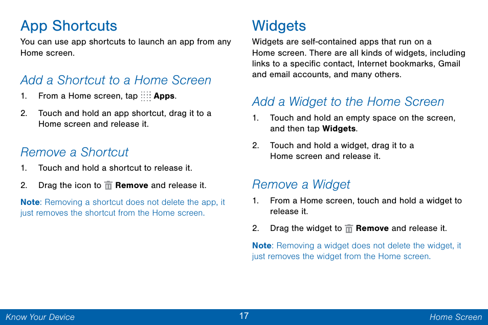 App shortcuts, Widgets, Add a shortcut to a home screen | Remove a shortcut, Add a widget to the home screen, Remove a widget | Samsung Galaxy Note Edge User Manual | Page 26 / 201